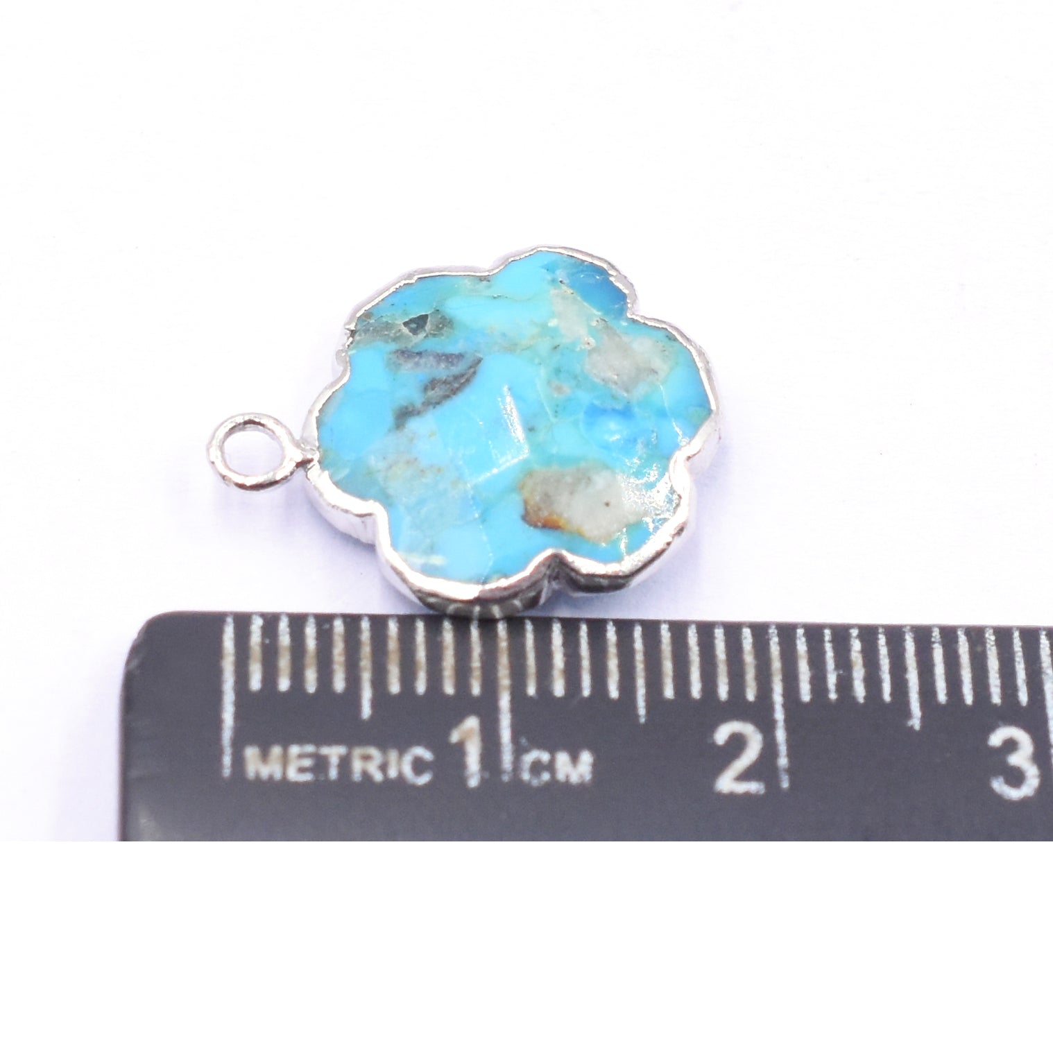 Kingman Block Turquoise 13 To 15 MM Clover Leaf Shape Rhodium Electroplated Pendant