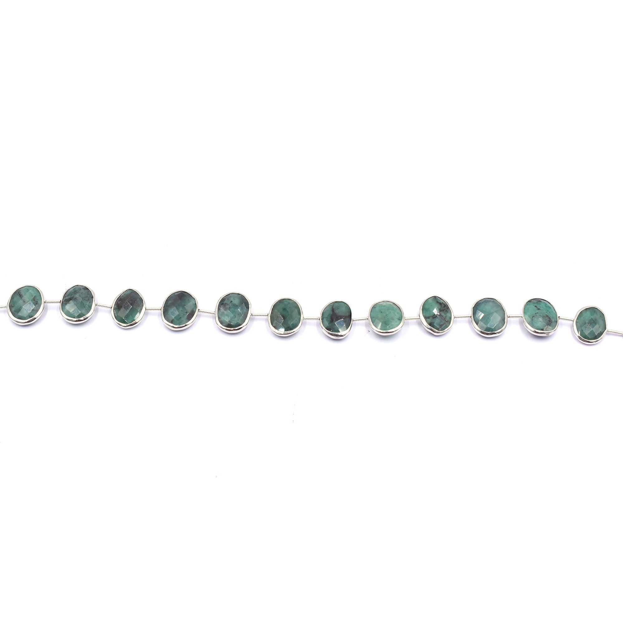 Emerald 15X11 MM Oval Shape Silver Bezel Rhodium Plated Center Drilled Strand - Jaipur Gem Factory
