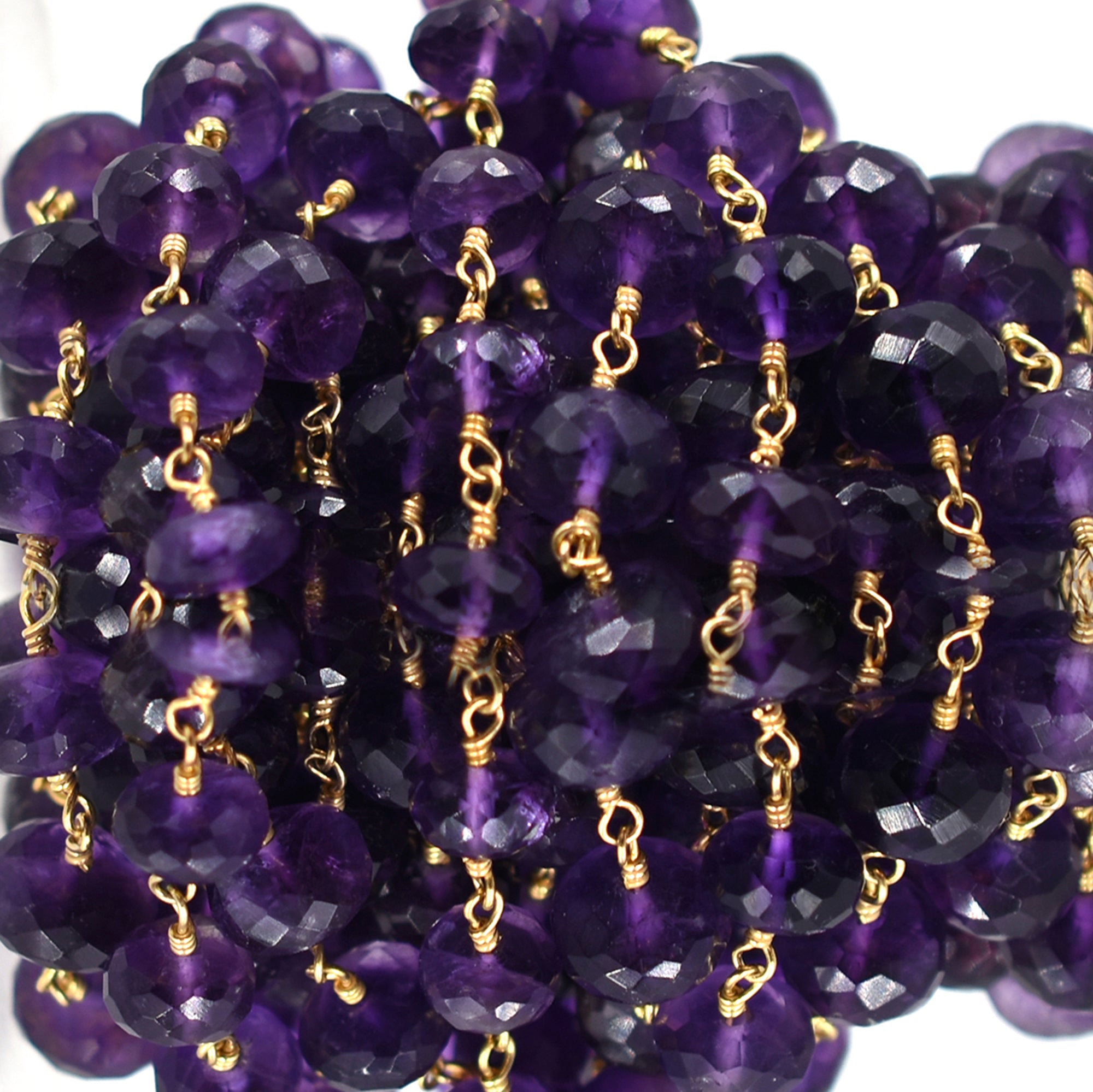 Amethyst 7 To 8  MM Faceted Rondelle Brass Gold Plated Wire Wrapped Chain Sold by Foot
