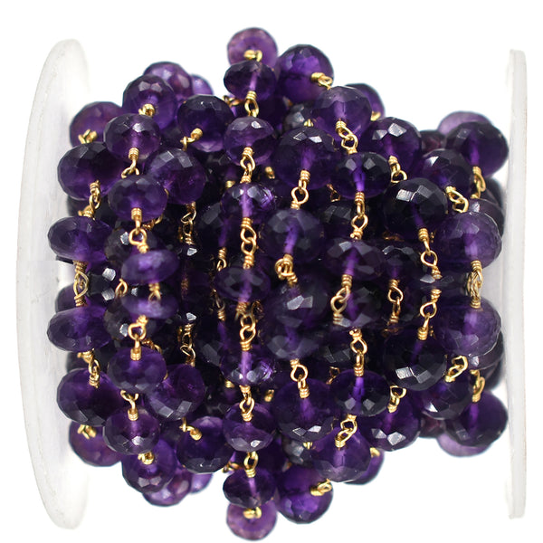 Amethyst 7 To 8  MM Faceted Rondelle Brass Gold Plated Wire Wrapped Chain Sold by Foot