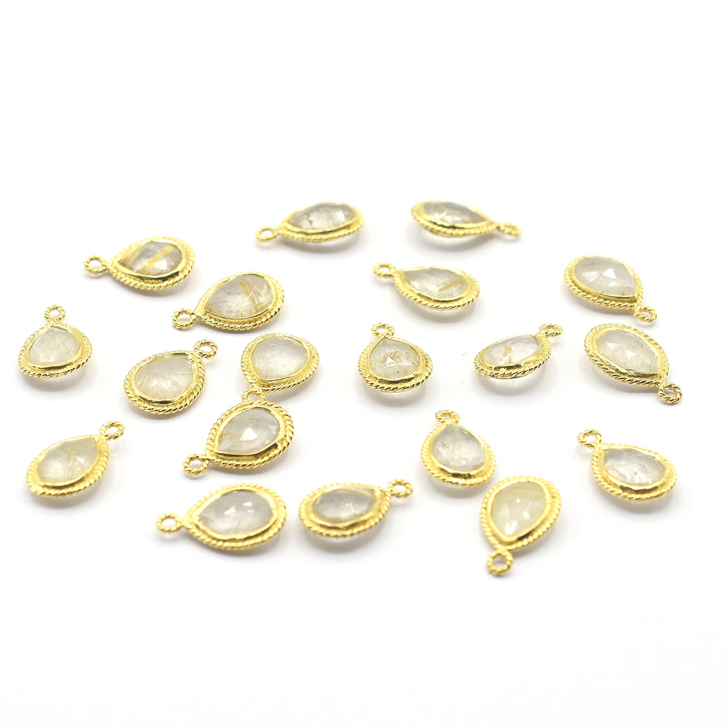 Golden Rutilated Quartz 9X7 MM Pear Shape Twisted Wire Silver Bezel Vermeil Pendant (Set Of 2 Pcs) - Jaipur Gem Factory