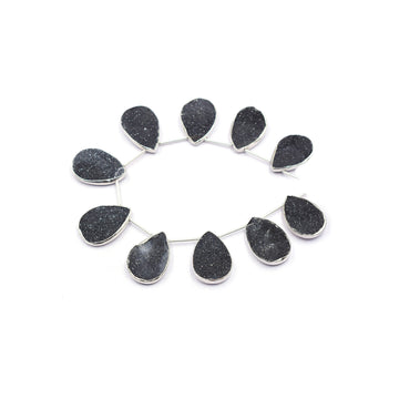 Black Druzy 23X16 MM Pear Shape Silver Bezel Rhodium Plated Side Drilled Strand - Jaipur Gem Factory