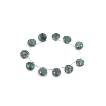 Raw Emerald 13 MM Heart Shape Silver Bezel Black Rhodium Plated Side Drilled Strand