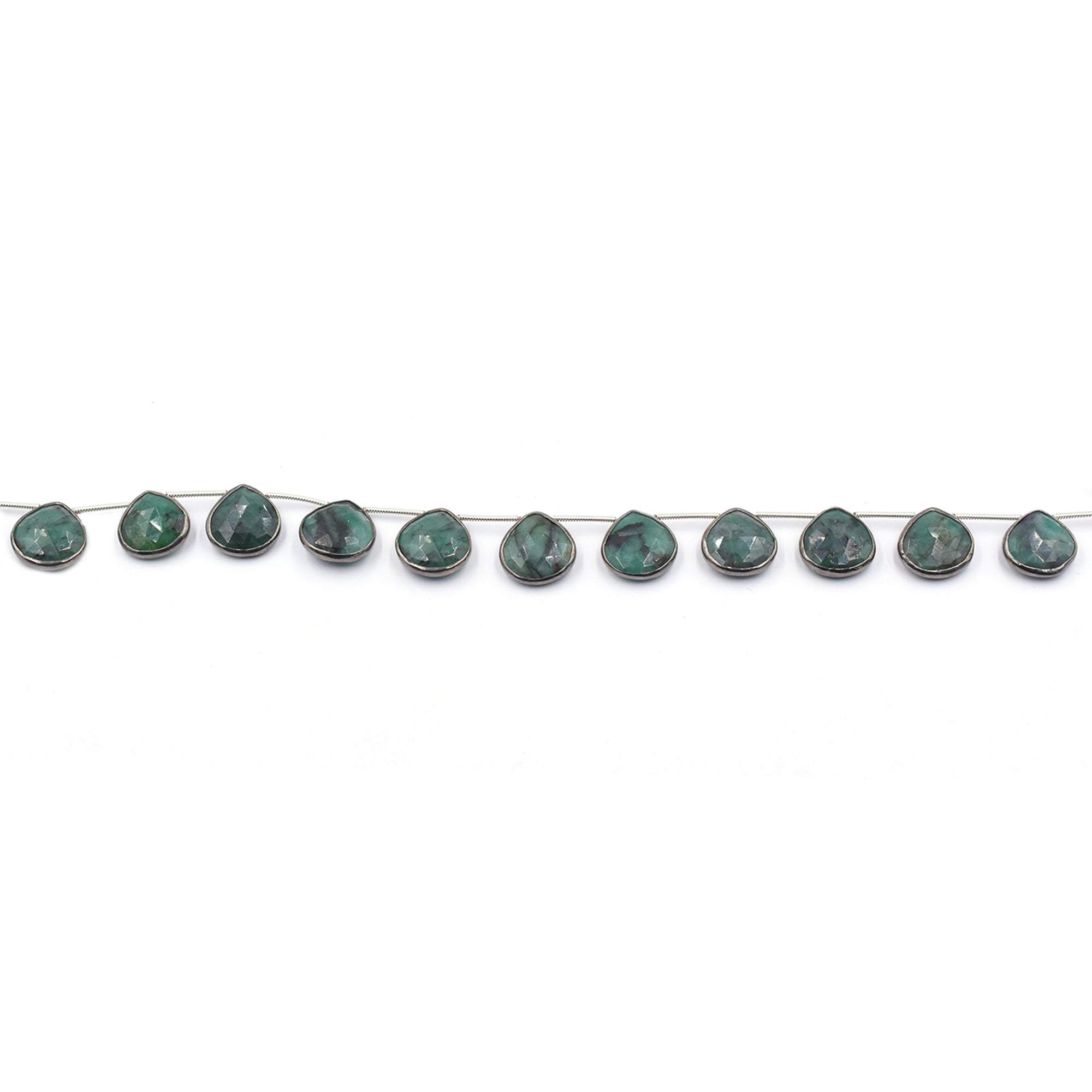 Raw Emerald 13 MM Heart Shape Silver Bezel Black Rhodium Plated Side Drilled Strand