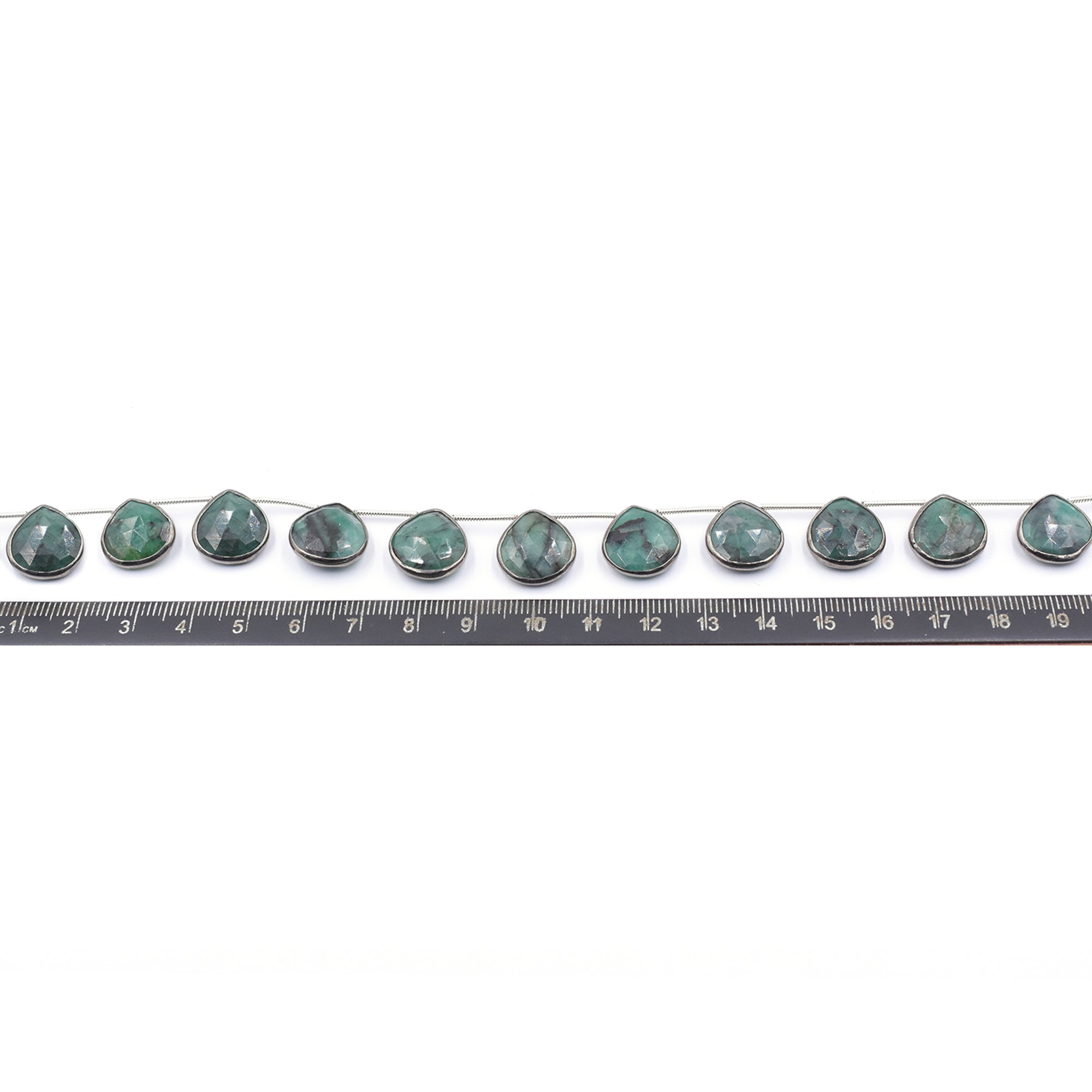 Raw Emerald 13 MM Heart Shape Silver Bezel Black Rhodium Plated Side Drilled Strand