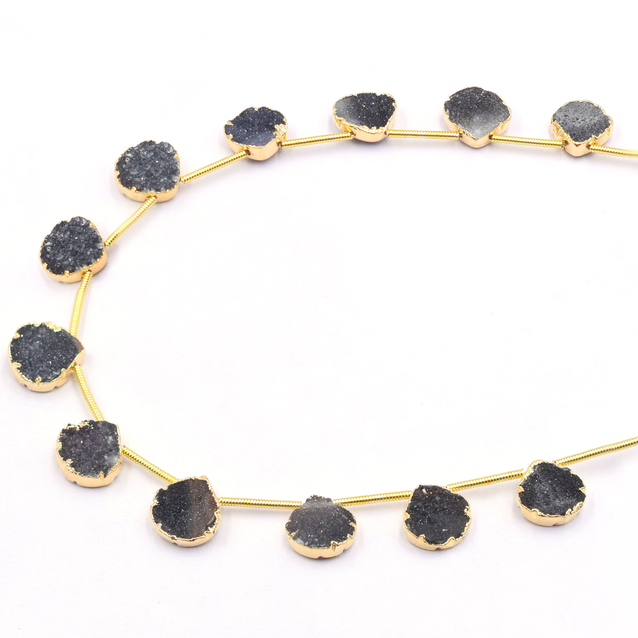 Side drilled black druzy stones with gold electroplating