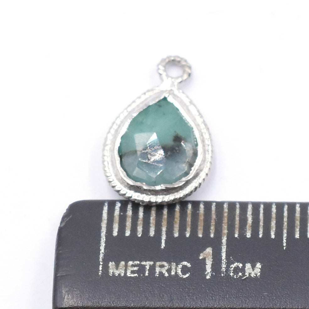 Emerald 9X7 MM Pear Shape Twisted Wire Silver Bezel Rhodium Plated Pendant (Set Of 2 Pcs) - Jaipur Gem Factory