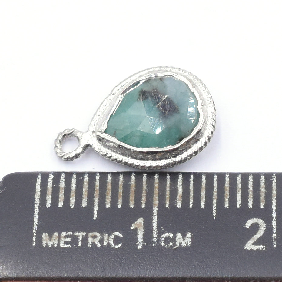 Emerald 9X7 MM Pear Shape Twisted Wire Silver Bezel Rhodium Plated Pendant (Set Of 2 Pcs) - Jaipur Gem Factory