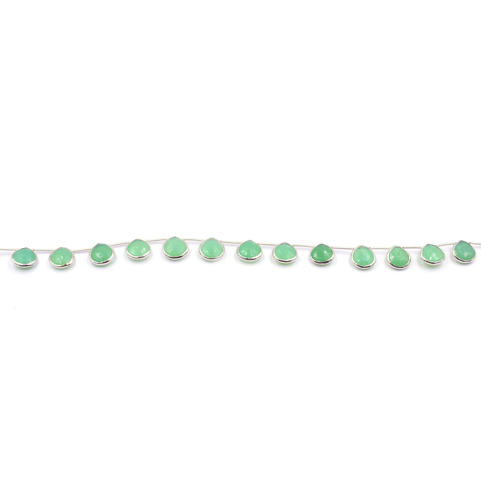 Chrysoprase Chalcedony 11 MM Heart Shape Silver Bezel Rhodium Plated Side Drilled Strand