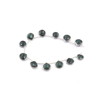 Raw Emerald 11 MM Heart Shape Silver Bezel Rhodium Plated Side Drilled Strand