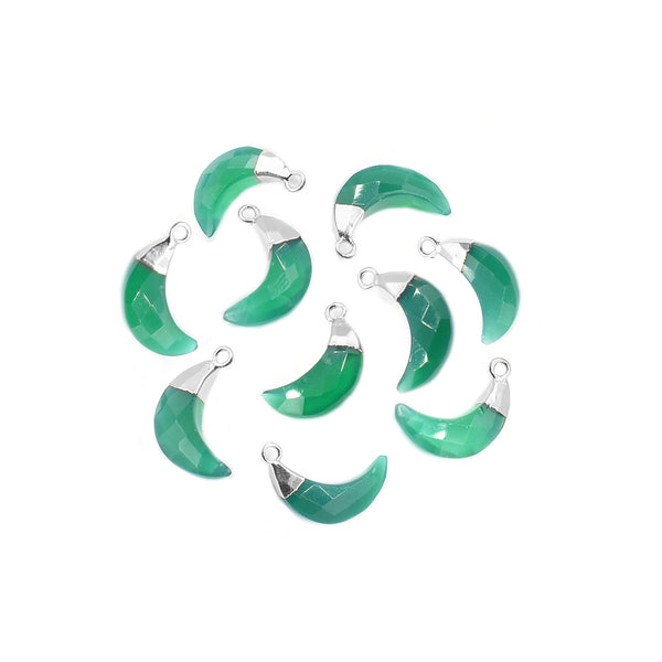 Green Onyx 12X5 MM Moon Shape Rhodium Electroplated Pendant (Set Of 2 Pcs)