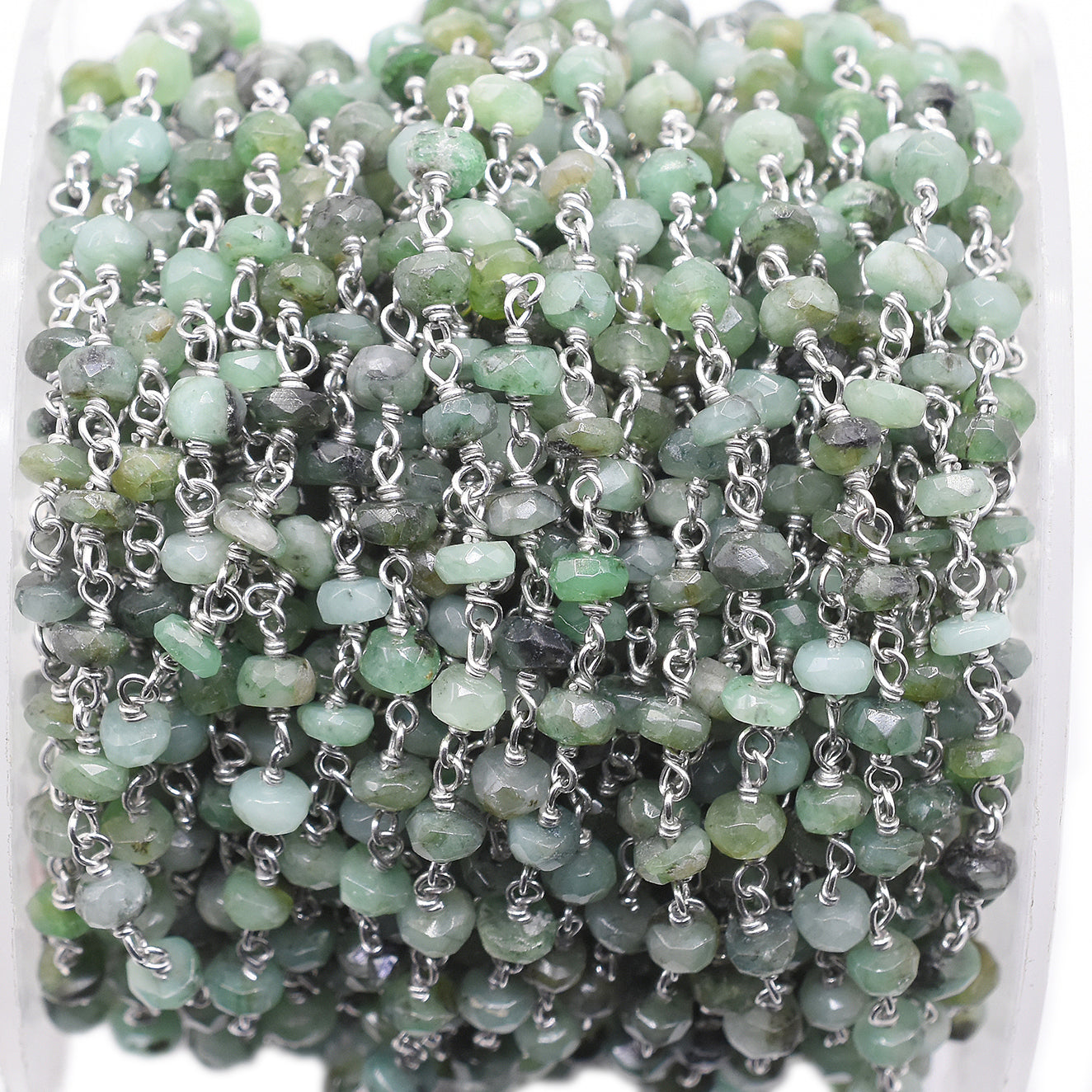 Raw Emerald 3 To 4 MM Faceted Rondelle Sterling Silver Rhodium Plated Rosary Wire Wrap Chain Sold by Foot - Jaipur Gem Factory