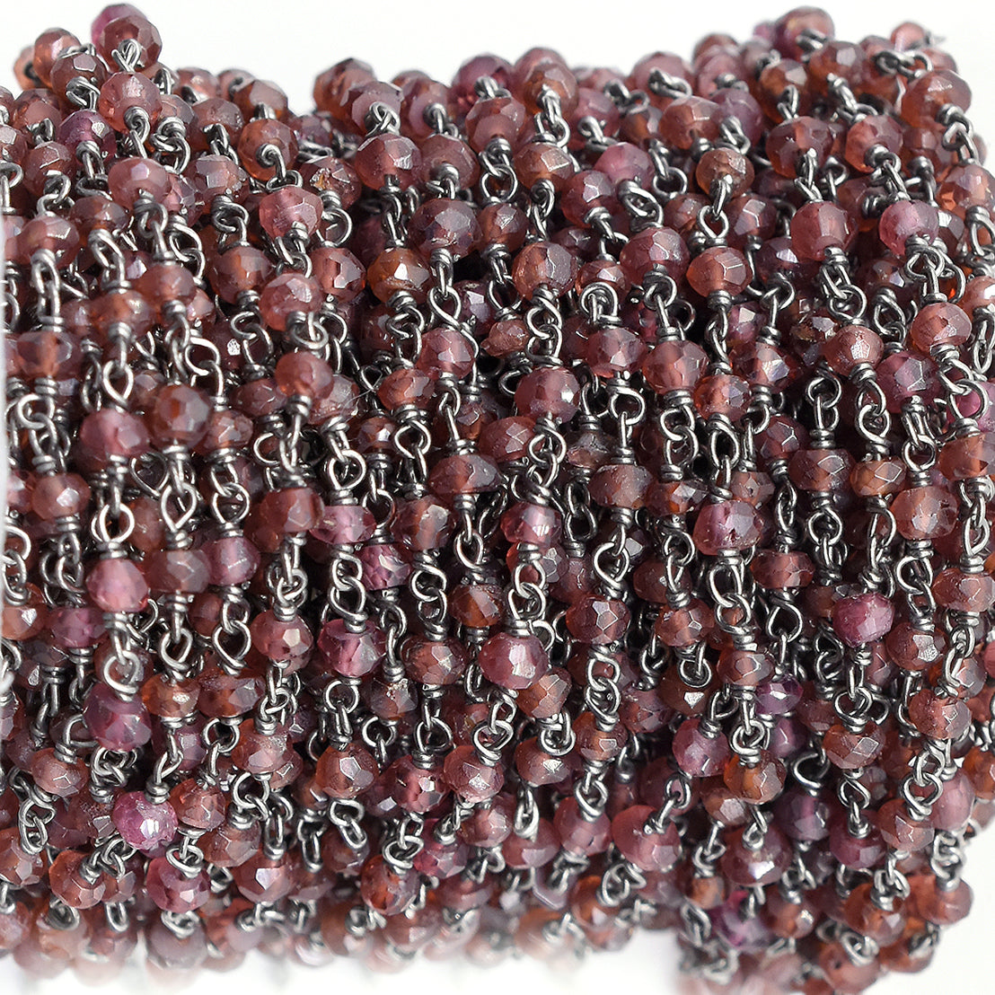 Garnet 3 To 4 MM Faceted Rondelle Sterling Silver Black Oxidized Rosary Wire Wrap Chain Sold by Foot - Jaipur Gem Factory