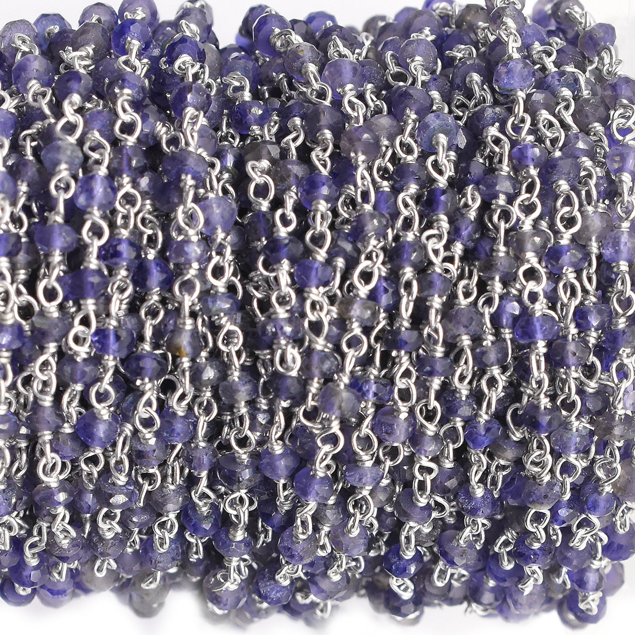 Iolite 3 To 4 MM Faceted Rondelle Sterling Silver Rhodium Plated Rosary Wire Wrap Chain Sold by Foot - Jaipur Gem Factory