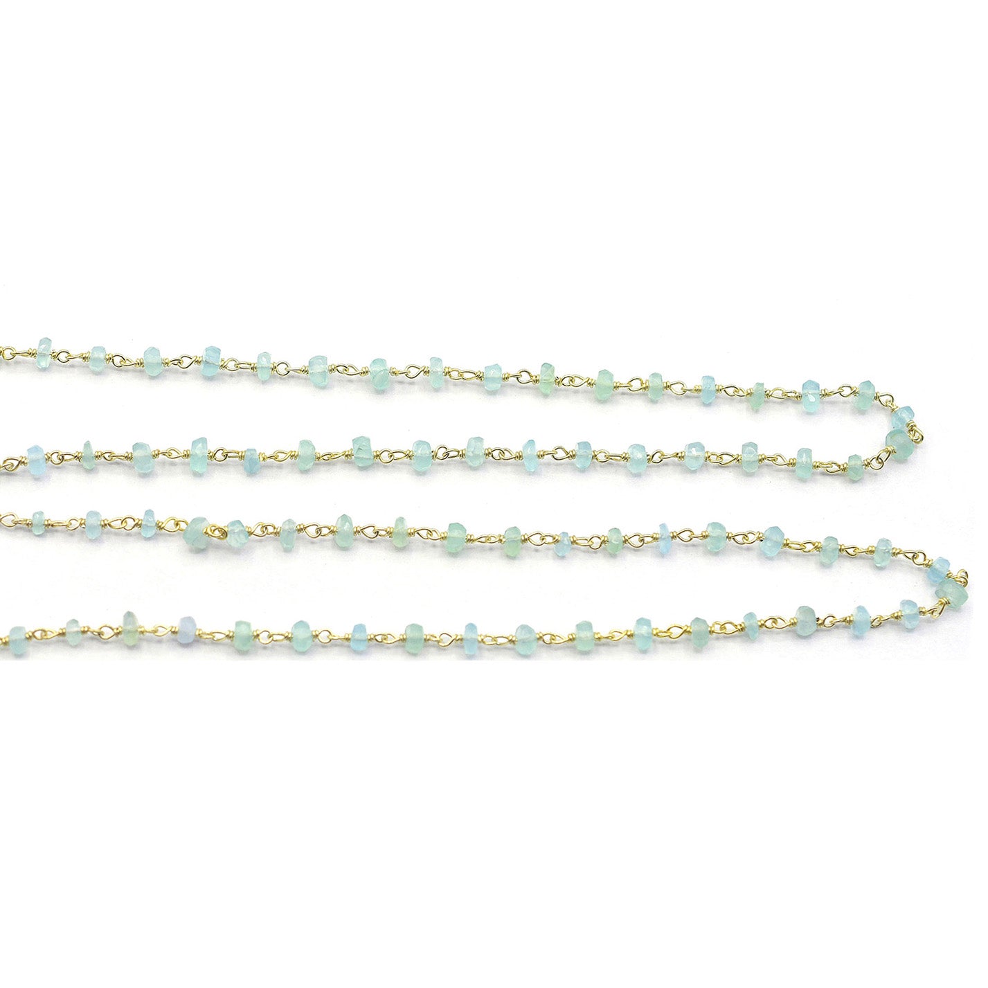 Aqua Chalcedony 3 To 4 Faceted Rondelle Sterling Silver Vermeil Wire Wrapped Chain Sold by Foot - Jaipur Gem Factory
