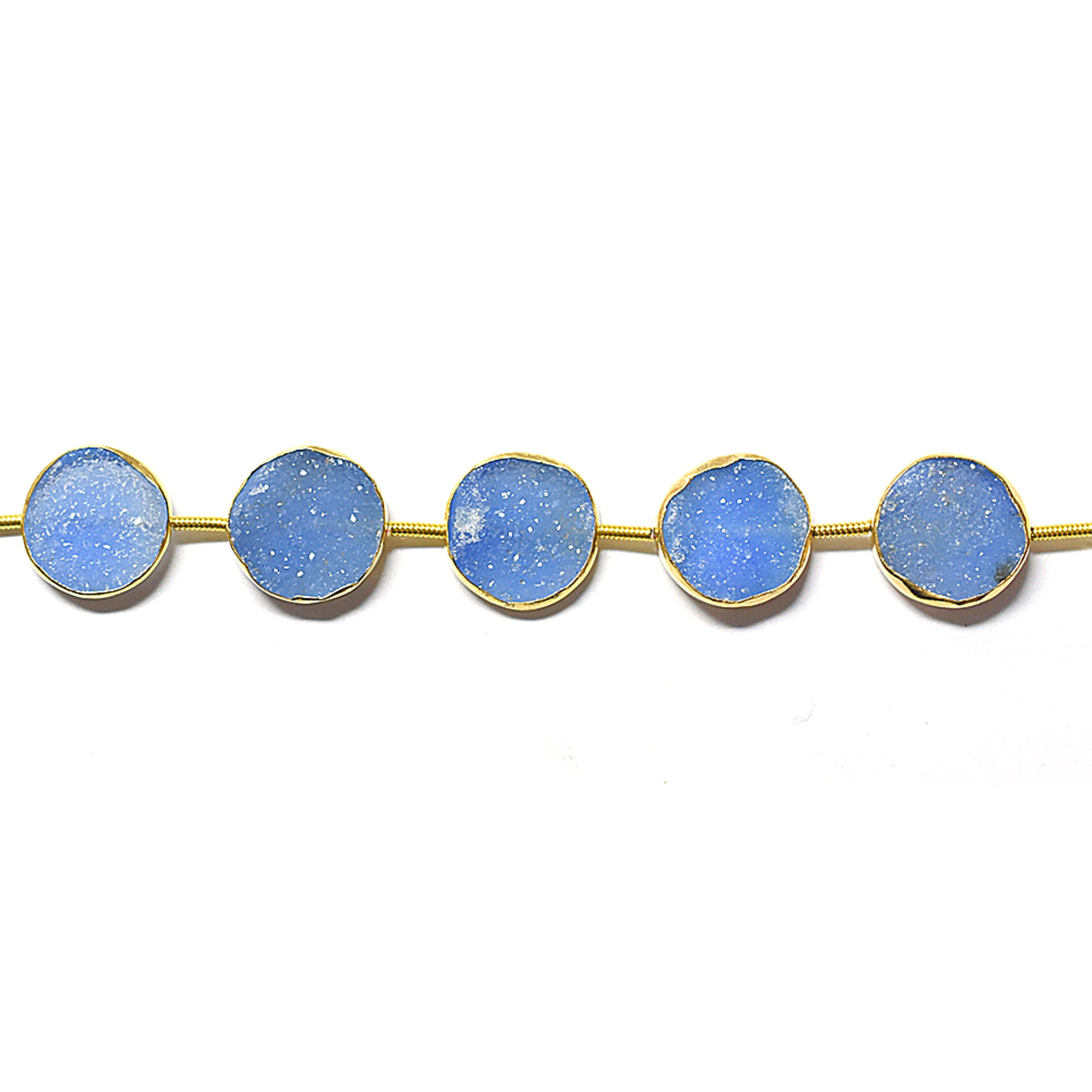 round blue druzy beads set in polished silver