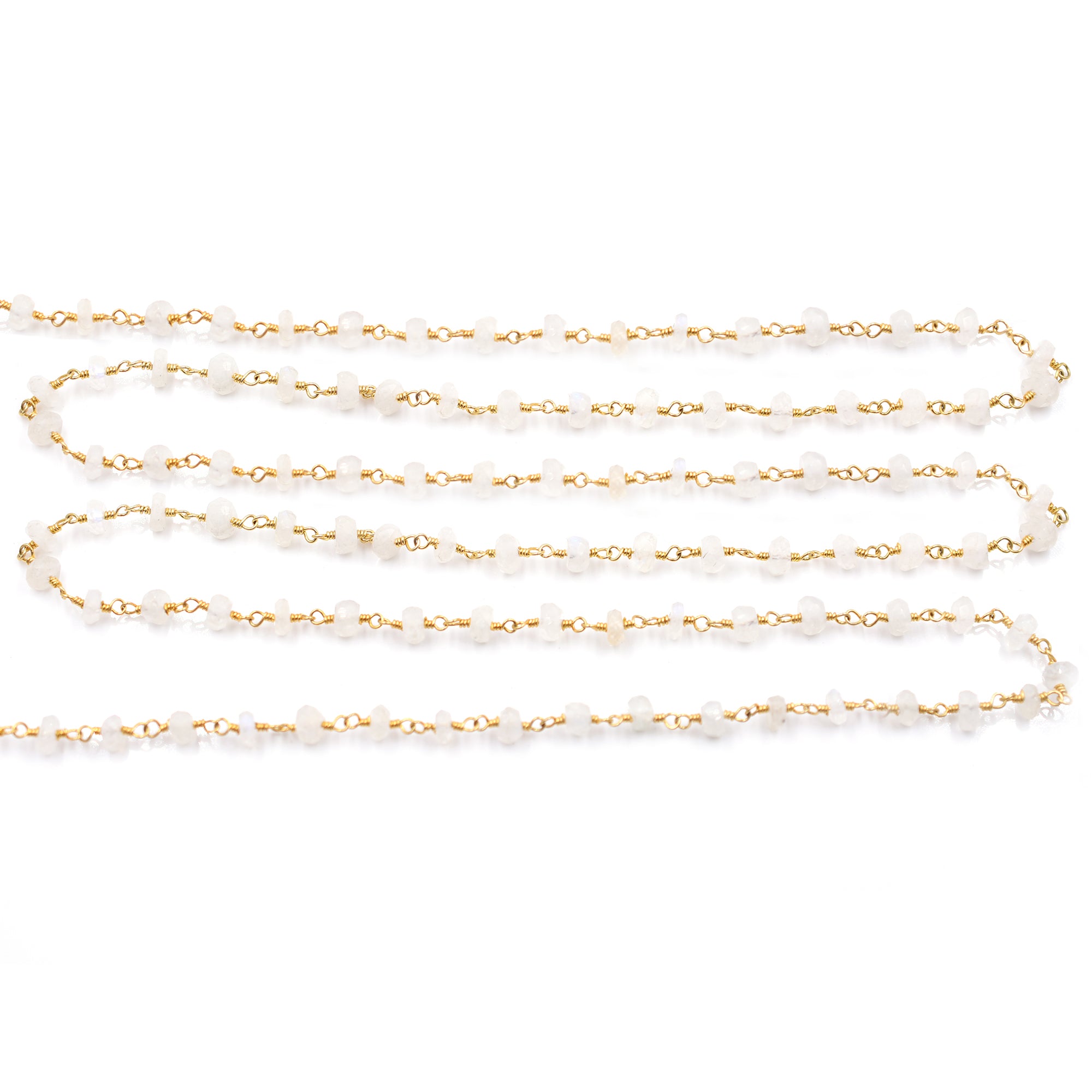 Rainbow Moonstone 3 To 4 MM Faceted Rondelle Brass Gold Plated Wire Wrapped Chain Sold by Foot