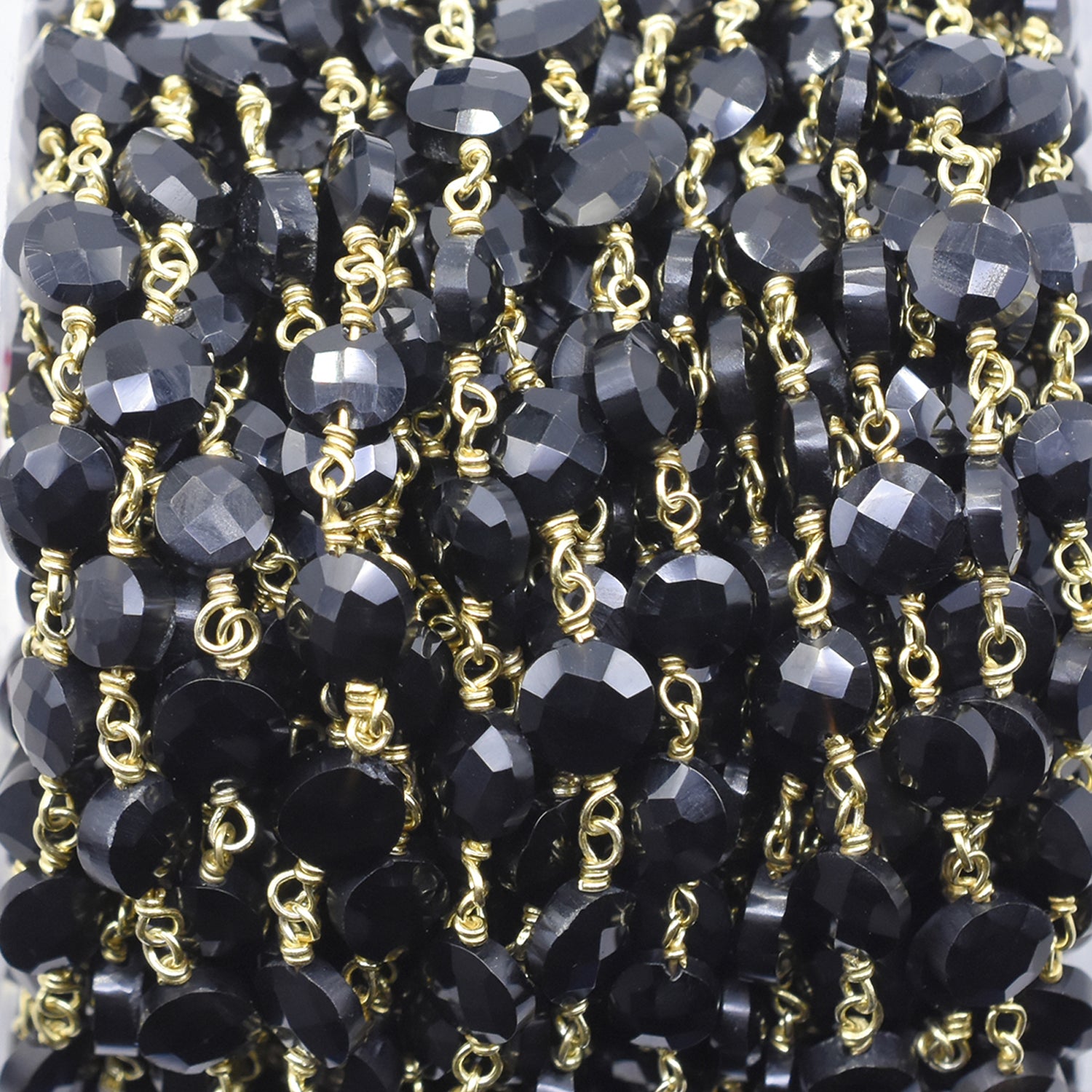 Black Onyx 6 To 7 MM Faceted Coin Sterling Silver Vermeil Rosary Wire Wrap Chain Sold by Foot - Jaipur Gem Factory