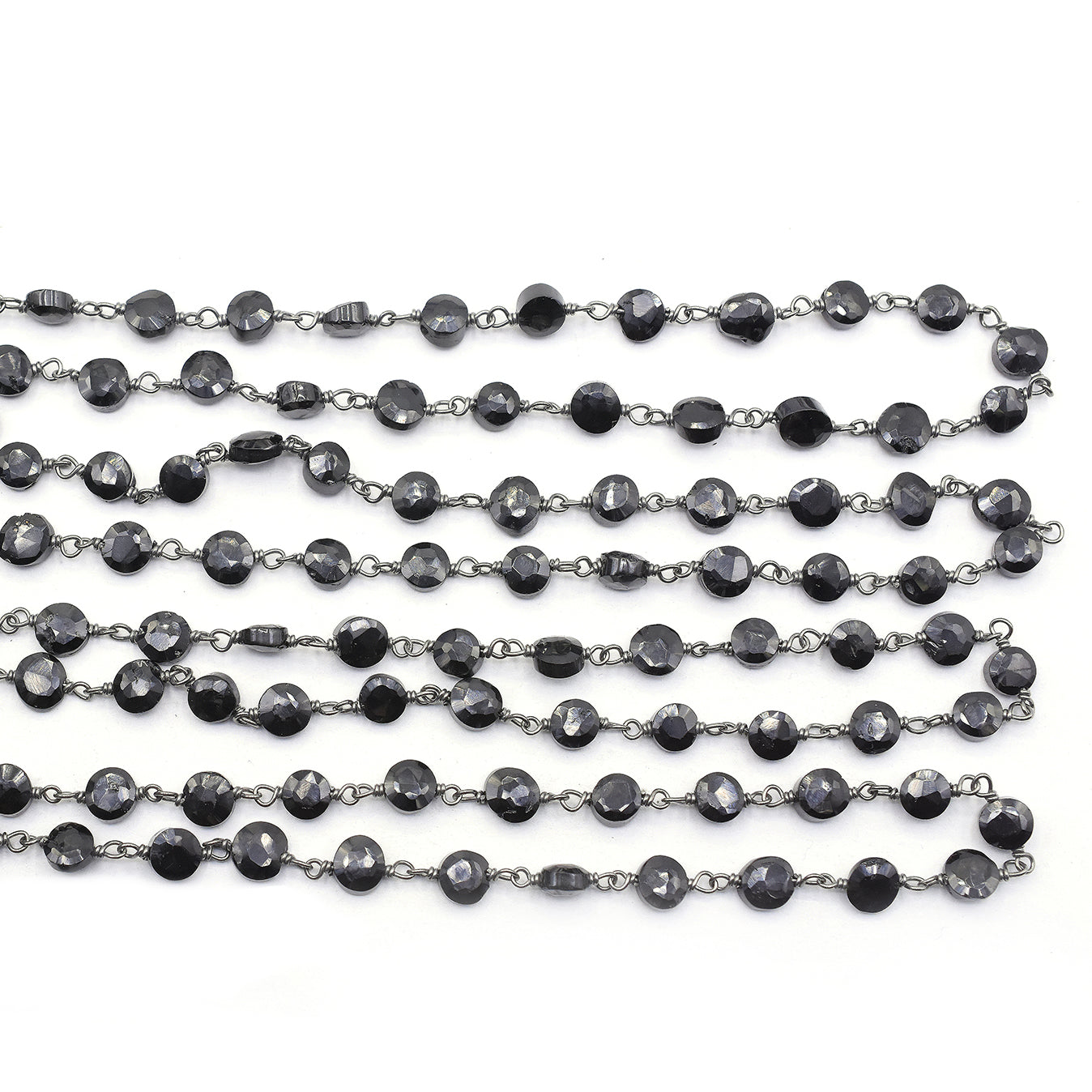 Black Onyx 6 To 7 MM Faceted Coin Sterling Silver Black Oxidized Rosary Wire Wrap Chain Sold by Foot - Jaipur Gem Factory