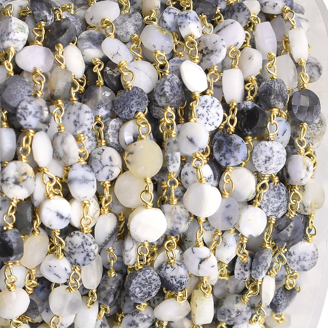 Dendritic Opal 6 To 7 MM Faceted Coin Sterling Silver Vermeil Rosary Wire Wrap Chain Sold by Foot - Jaipur Gem Factory