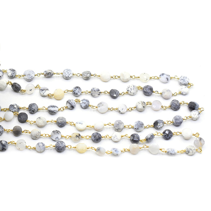 Dendritic Opal 6 To 7 MM Faceted Coin Sterling Silver Vermeil Rosary Wire Wrap Chain Sold by Foot - Jaipur Gem Factory