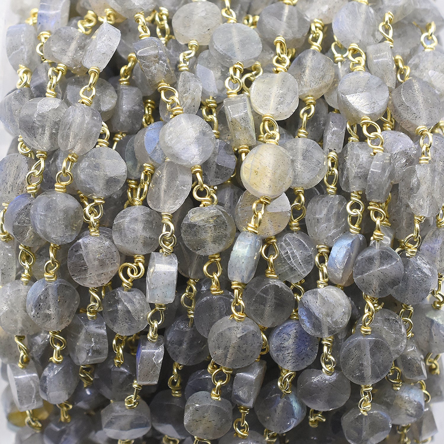 Labradorite 6 To 7 MM Faceted Coin Sterling Silver Vermeil Rosary Wire Wrap Chain Sold by Foot - Jaipur Gem Factory