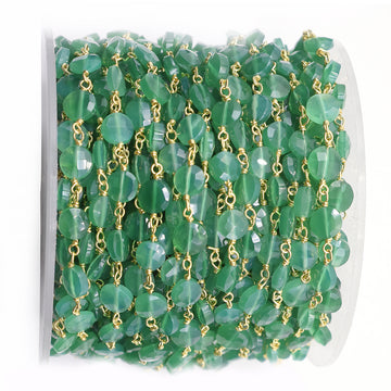 Green Onyx 6 To 7 MM Faceted Coin Sterling Silver Vermeil Rosary Wire Wrap Chain Sold by Foot - Jaipur Gem Factory