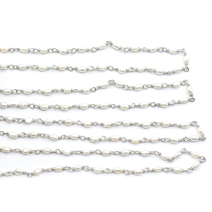 Pearl 4 To 5 MM Smooth Rice Sterling Silver Rhodium Plated Rosary Wire Wrap Chain Sold by Foot - Jaipur Gem Factory
