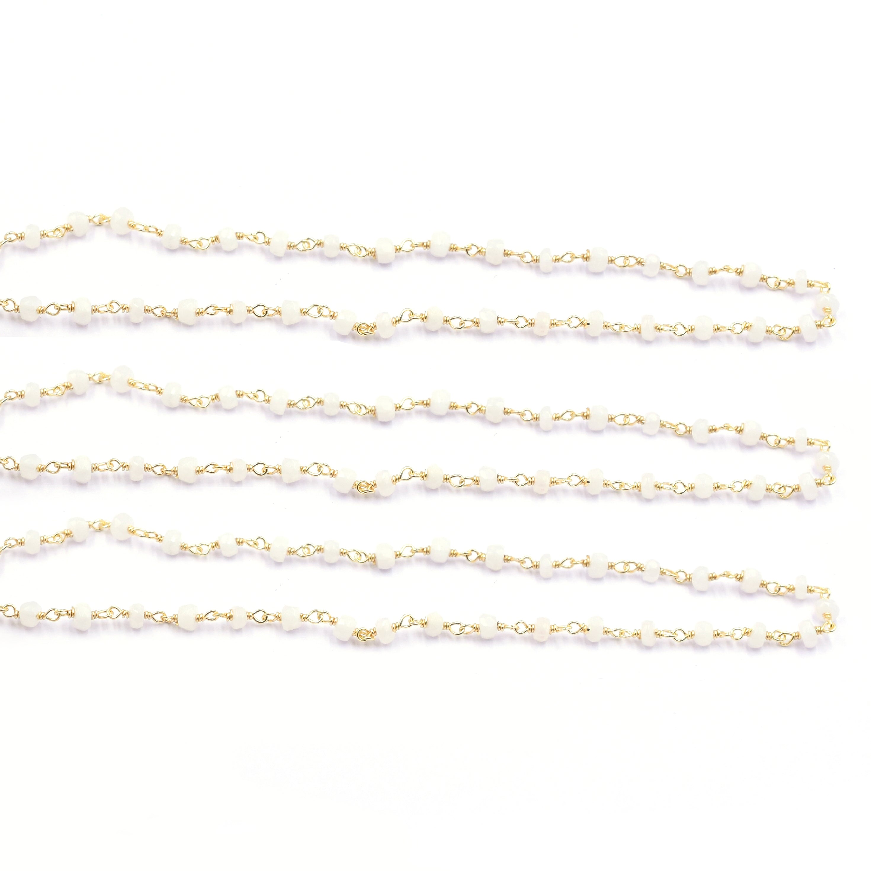 White Agate 3 To 4 MM Faceted Rondelle Sterling Silver Vermeil Rosary Wire Wrap Chain Sold by Foot - Jaipur Gem Factory