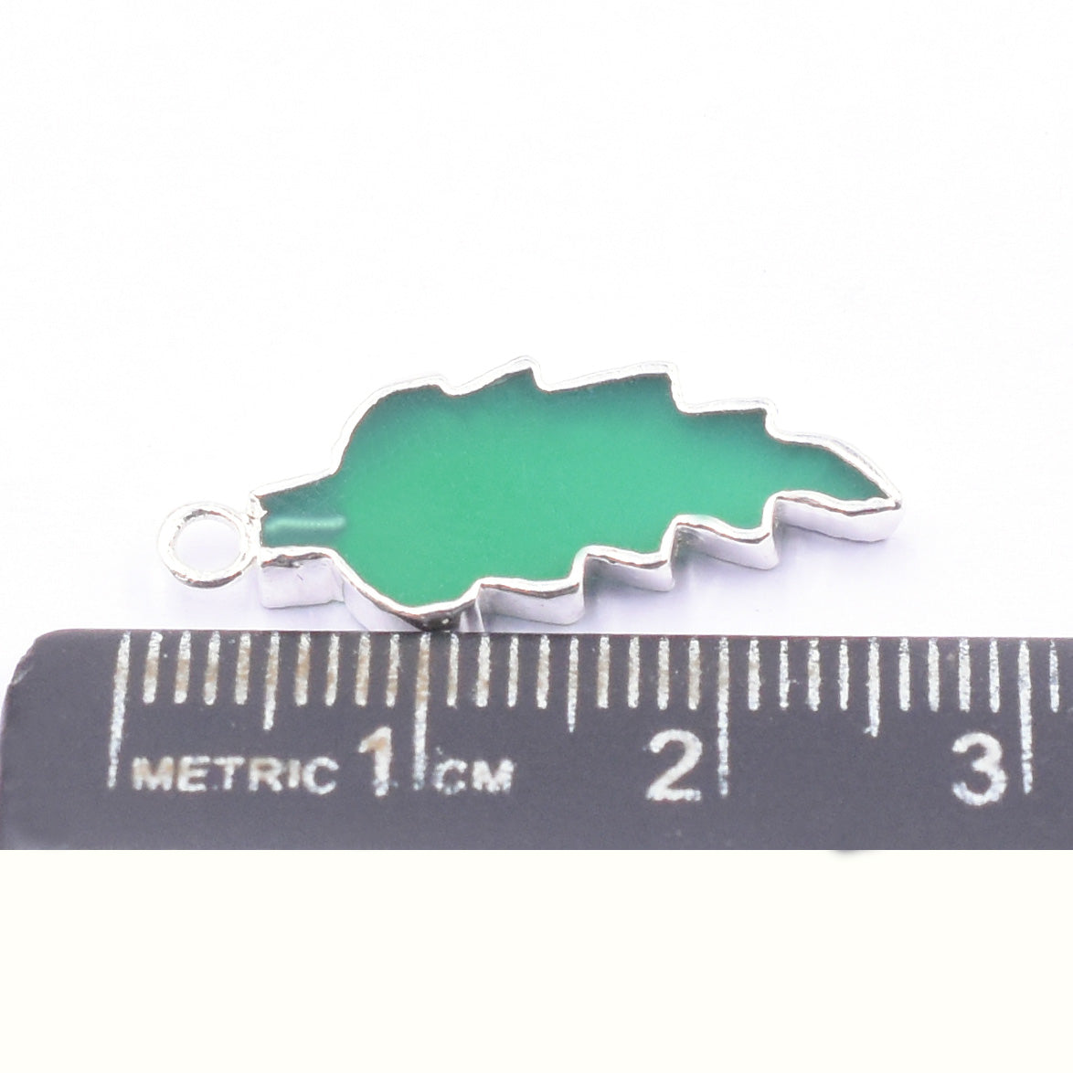 Leaf shaped Green Onyx pendant, silver electroplated