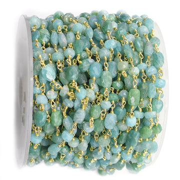 Amazonite 8X6 MM Oval Nuggets & 3To 4 MM Rondelle Faceted Sterling Silver Vermeil Wire Wrapped Chain Sold by Foot - Jaipur Gem Factory