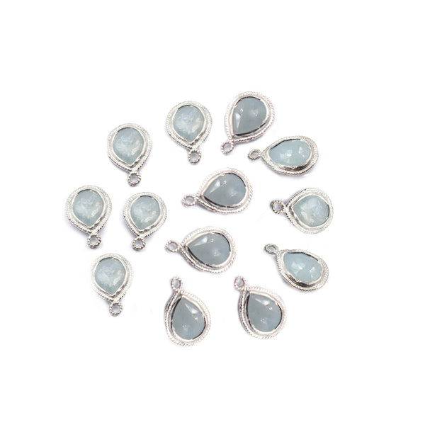 Aquamarine 9X7 MM Pear Shape Twisted Wire Silver Bezel Rhodium Plated Pendant (Set Of 2 Pcs) - Jaipur Gem Factory