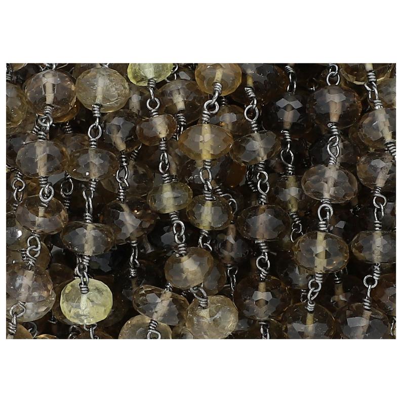 Smoky Lemon Quartz 7 To 8 MM Faceted Rondelle Brass Black Oxidized Plated Wire Wrapped Chain Sold by Foot