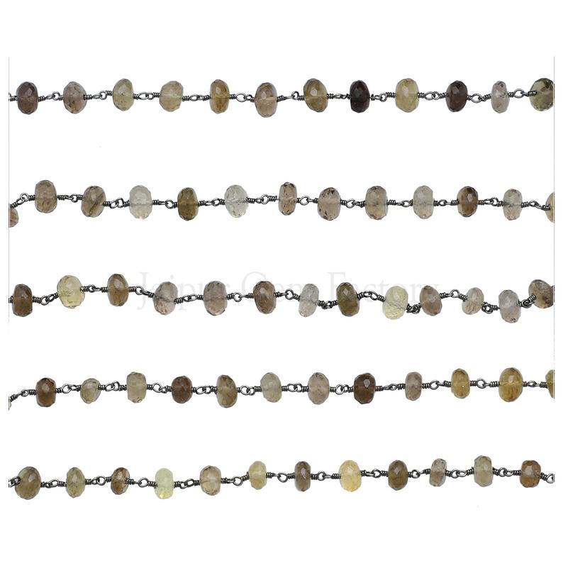Smoky Lemon Quartz 7 To 8 MM Faceted Rondelle Brass Black Oxidized Plated Wire Wrapped Chain Sold by Foot