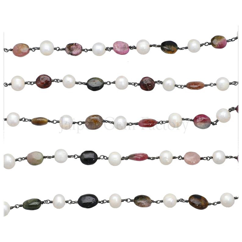 Fresh Water Pearl & Multi Color Tourmaline 7 To 8 MM Faceted Rondelle Brass Black Oxidized Plated Wire Wrapped Chain Sold by Foot
