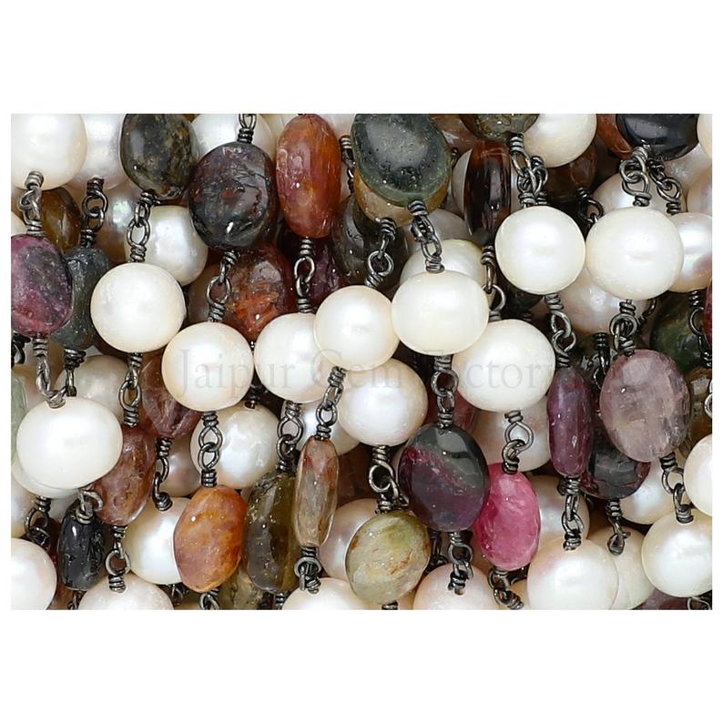 Fresh Water Pearl & Multi Color Tourmaline Faceted Rondelle Brass Black Oxidized Plated Wire Wrapped Chain Sold by Foot
