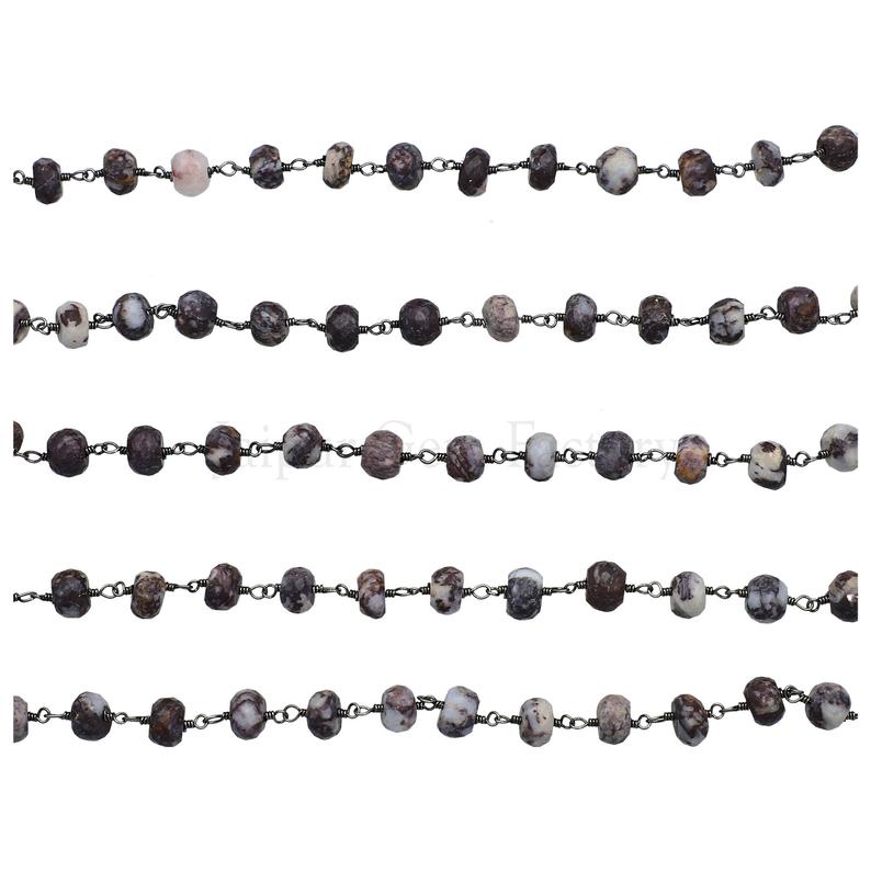 Jasper 7 To 8 MM Faceted Rondelle Brass Black Oxidized Plated Wire Wrapped Chain Sold by Foot