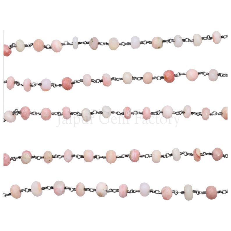 Pink Opal 8 To 9 MM Faceted Rondelle Brass Black Oxidized Plated Wire Wrapped Chain Sold by Foot