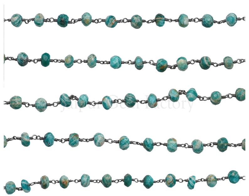 Amazonite 7 To 8 MM Faceted Rondelle Brass Black Oxidized Plated Wire Wrapped Chain Sold by Foot