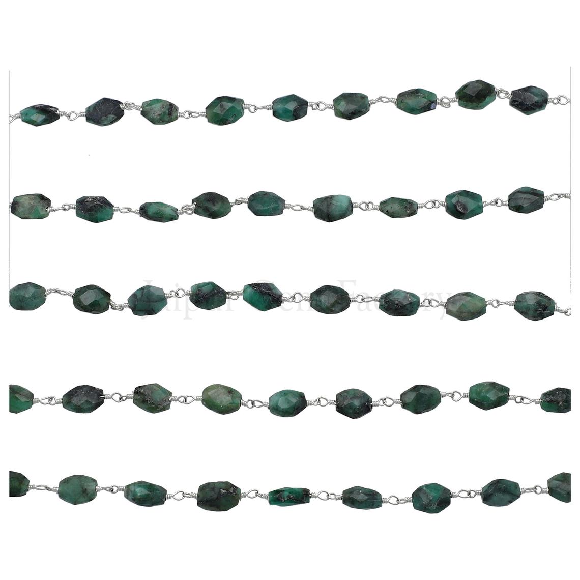 Raw Emerald 8X6 To 9X7 MM Faceted Oval Brass Silver Plated Wire Wrapped Chain Sold by Foot