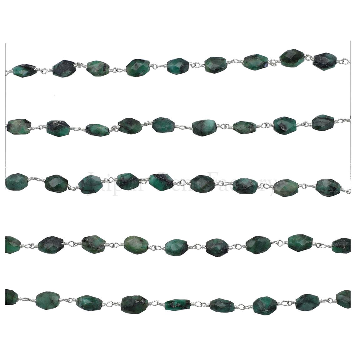 Raw Emerald Faceted Oval Brass Silver Plated Wire Wrapped Chain Sold by Foot