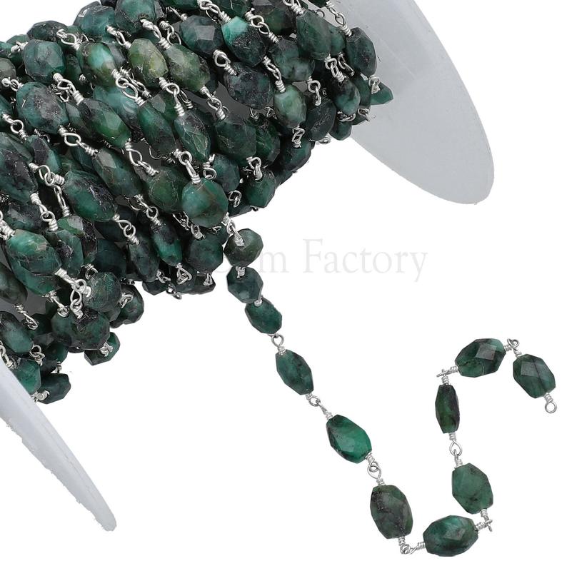 Raw Emerald Faceted Oval Brass Silver Plated Wire Wrapped Chain Sold by Foot