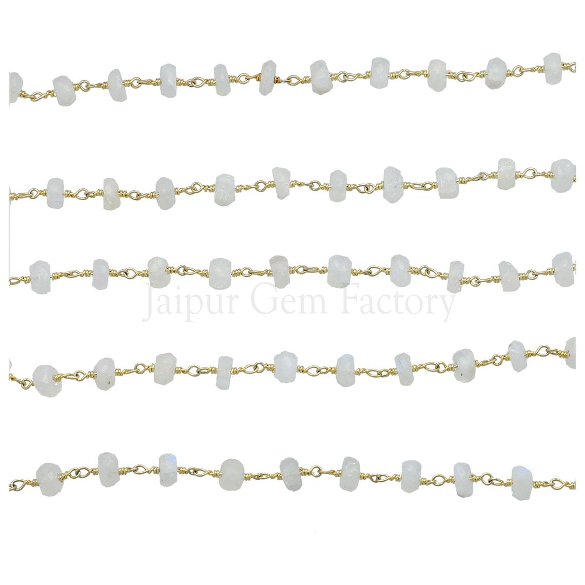Rainbow Moonstone 7 To 8 MM Faceted Rondelle Brass Gold Plated Wire Wrapped Chain Sold by Foot