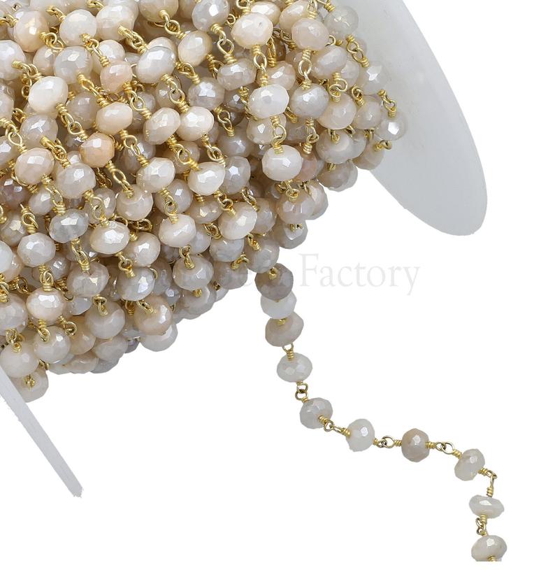 Peach Gray White Moonstone 5.5 To 6.5 MM Faceted Rondelle Brass Gold Plated Wire Wrapped Chain Sold by Foot