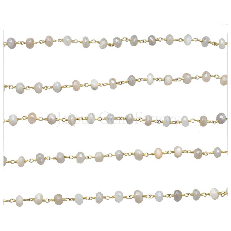 Peach Gray White Moonstone 5.5 To 6.5 MM Faceted Rondelle Brass Gold Plated Wire Wrapped Chain Sold by Foot