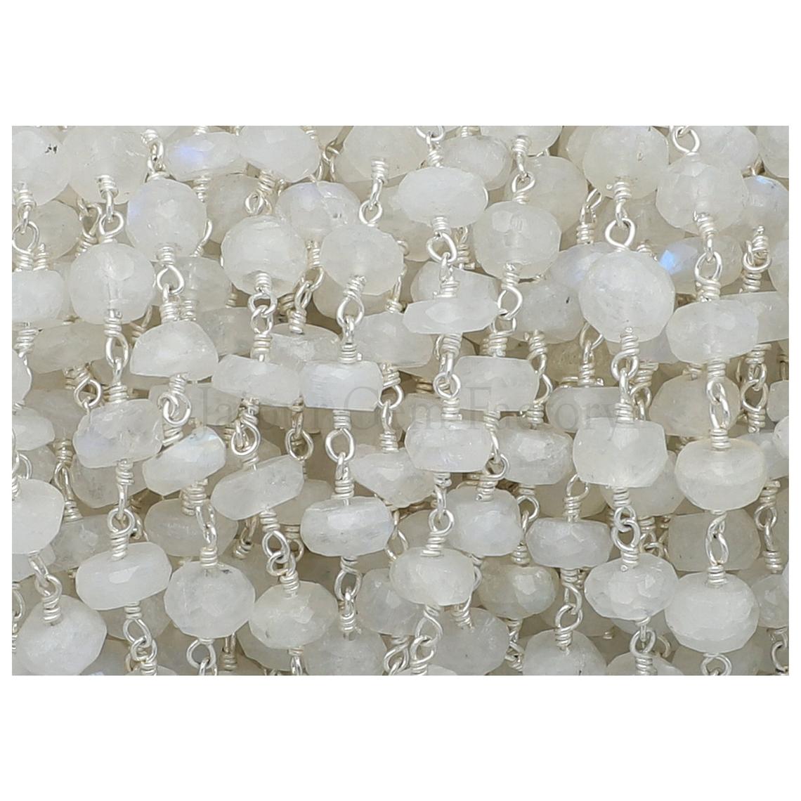 Rainbow Moonstone 6 To 7 MM Faceted Rondelle Brass Silver Plated Wire Wrapped Chain Sold by Foot