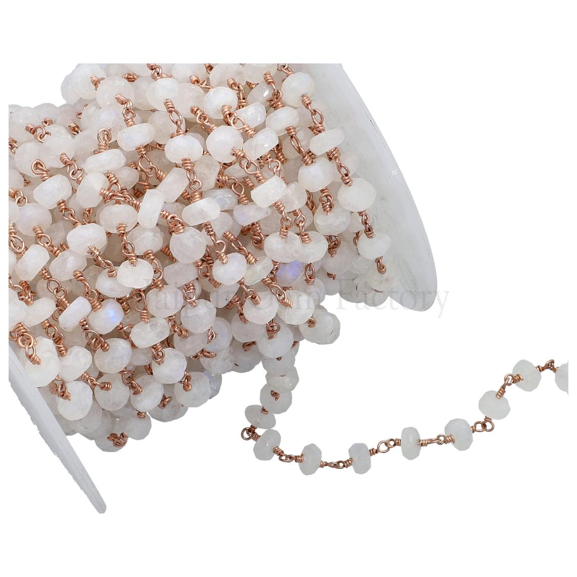Rainbow Moonstone Faceted Rondelle Brass Rose Gold Plated Wire Wrapped Chain Sold by Foot