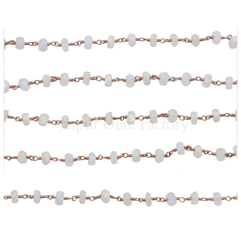 Rainbow Moonstone Faceted Rondelle Brass Rose Gold Plated Wire Wrapped Chain Sold by Foot