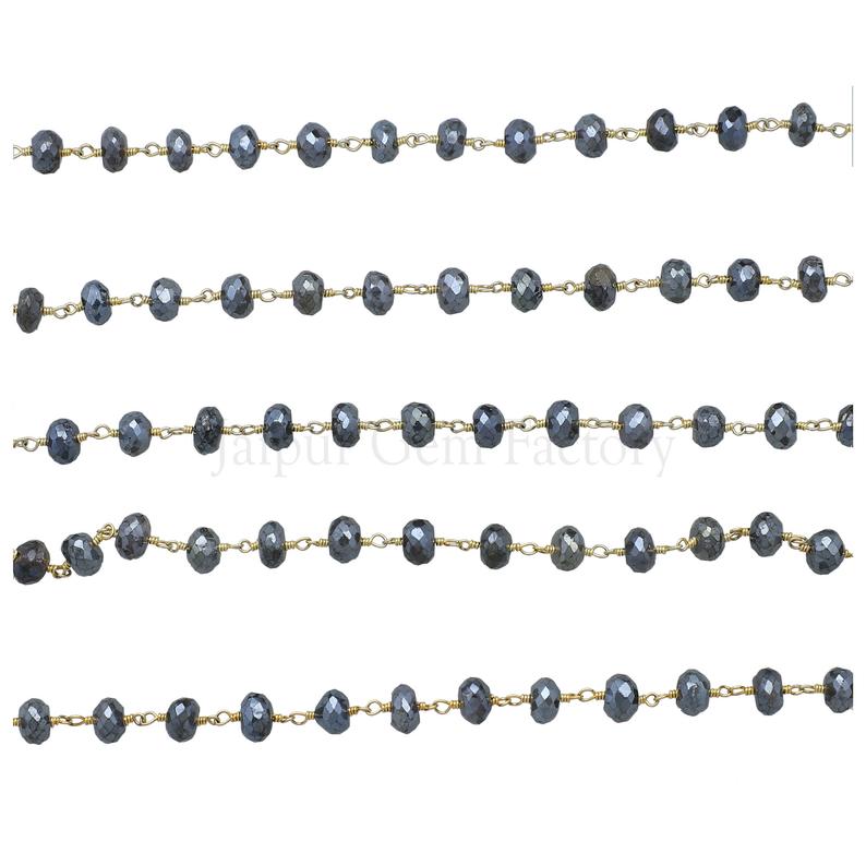 Mystic Gray Black Moonstone 6 To 7 MM Faceted Rondelle Brass Gold Plated Wire Wrapped Chain Sold by Foot