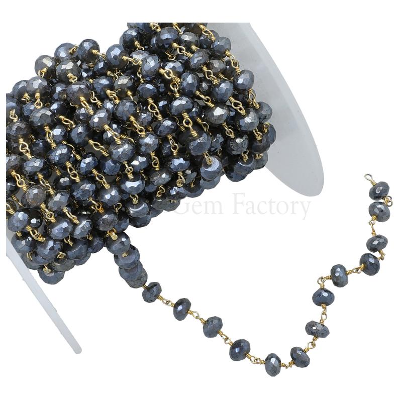 Mystic Gray Black Moonstone 6 To 7 MM Faceted Rondelle Brass Gold Plated Wire Wrapped Chain Sold by Foot